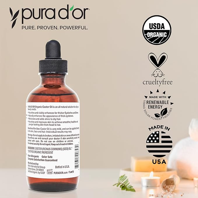 PURA D'OR 4 Oz Organic Castor Oil – Pure Cold-Pressed, Hexane-Free, USDA Certified – Lashes, Brows, Hair, Scalp, Skin – Botanical Moisturizer Supporting Softness, Strength, Hydration, Shine & Radiance