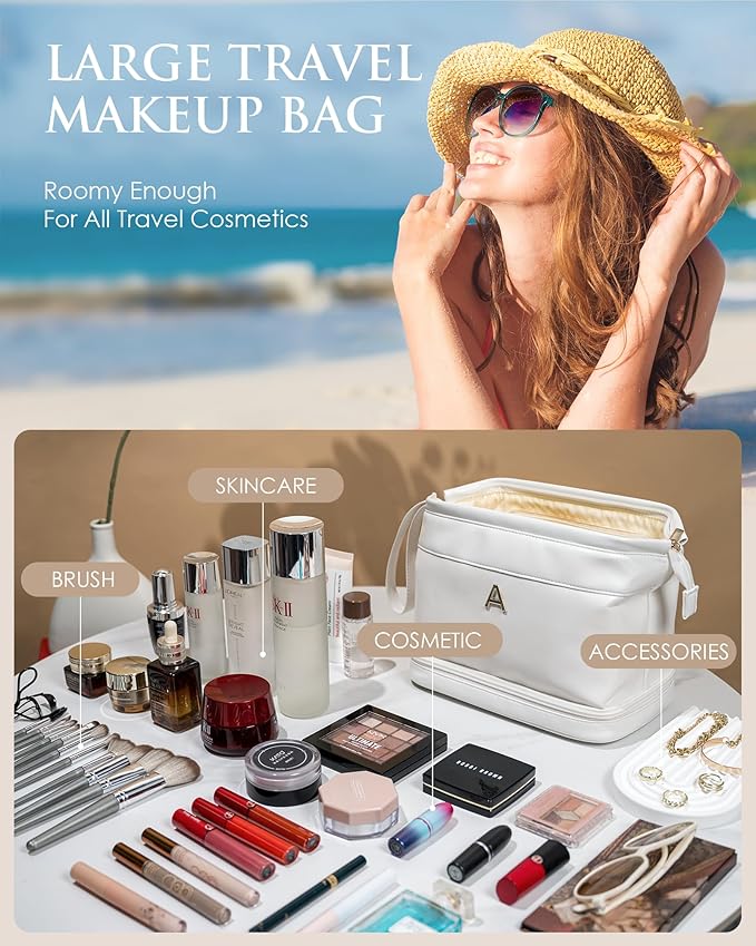 Bridesmaid Gifts for Women, Initial Makeup Bag,Gifts for Girls 12-14 Cosmetic Bag with Makeup Brush Organizer, Large Capacity PU Leather Travel Toiletry Bag, Initial Bags for Women