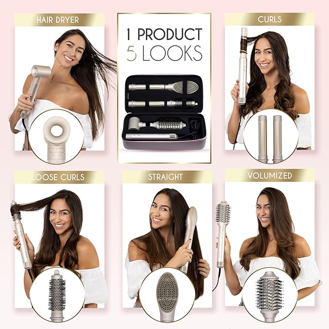 ELLA BELLA® 6 in 1 Professional Hot Air Styler • Powerful Hair Dryer & Straightener Set • Styling Without Heat Damage • Fast Drying Curling Volumizing Straightening • Includes Protective Travel Case