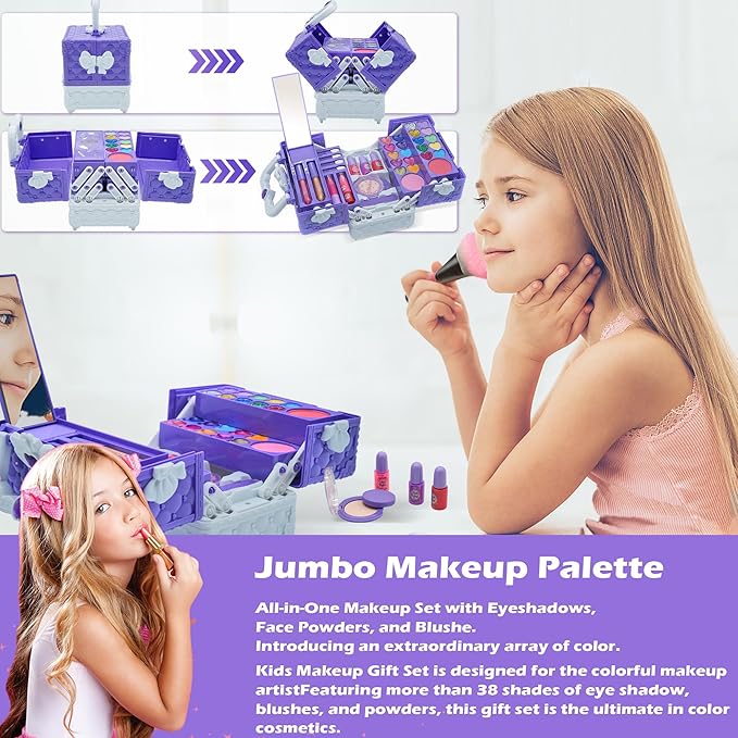 Kids Makeup Sets for Girls - 52 PCS Safe and Washable Makeup for Kids, Real Toddler Makeup Kit with Cosmetic Case, Girls Toys Age 4-12, Princess Toys Birthday Gifts(Dark Purple)