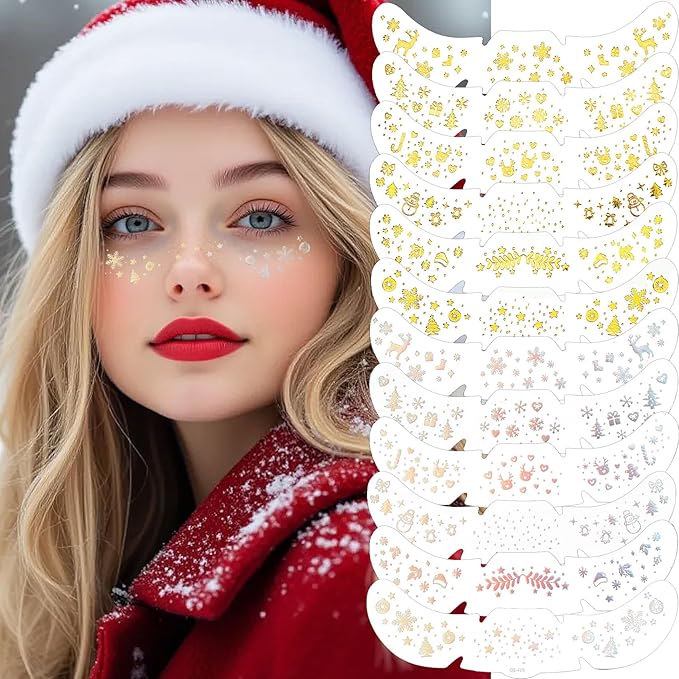 Face Glitter Freckles 12 Pcs Christmas Temporary Face Tattoos Stickers Waterproof Sparkle Face Speckles Makeup Patches Cute Body Temporary Tattoo Rave Accessories for Women Music Festival Accessorie