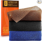 3 Pieces African Bath Sponge African Net Long Net Bath Sponge Exfoliating Shower Body Scrubber Back Scrubber Skin Smoother,Great for Daily Use (Black、Blue、Brown)