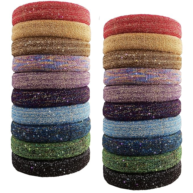 Large Stretch Thick Hair Ties for All Hair Types Seamless Glitter Hair Ponies Elastics Ponytail Holders Hair Scrunchies for Thick Hair Hair Accessories Women Girls 20-Pack