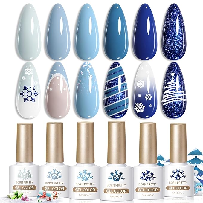 Born Pretty Christmas Blue Gel Nail Polish,Light Baby Sky Blue to Dark Navy Royal Shades 6 Colors Glitter Nail Gel Polish Kit Nail Art Manicure DIY Set Home and Salon Holiday Gifts