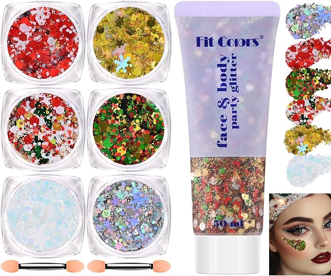Christmas Face Body Hair Glitter Gel, Gold White Red Sliver Snowflake Holographic Colorful Chunky Festival Rave Accessories Glitter Makeup, 6 Kinds of Sparkling Sequins for Christmas
