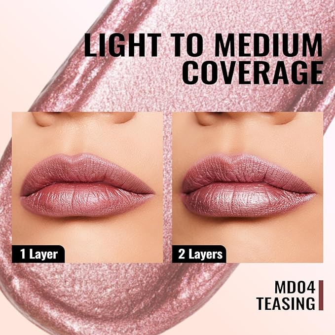 Oulac Pink Metallic Lipstick for Women, Rose Pink Lip Gloss, Lip & Eye 2 IN 1 Lip Makeup, Long Lasting Waterproof, High Impact Lip Color, Oil-Based Formula, Transfer Proof, Vegan MD04