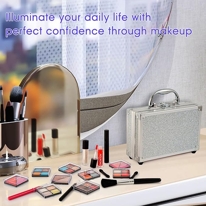 Makeup Kit for Teenager & Women Full Kit, All in One Makeup Set With The Small Cosmetic Train Case, Professional Makeup Kit, Makeup Gift Set for Women Girls (silver)