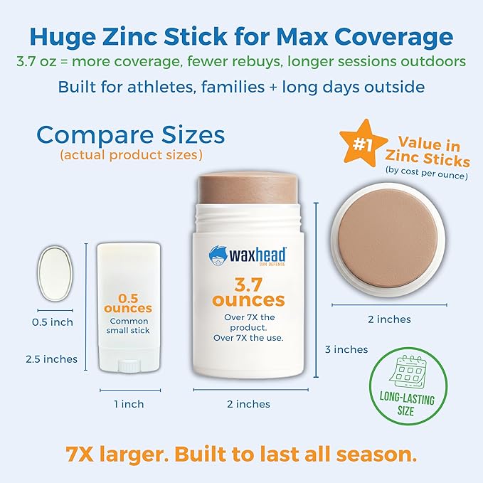 Tinted Zinc Oxide Sport Sunscreen Stick SPF 30, 3.7oz by Waxhead - 25% Non-Nano Zinc Oxide, 4 Food-Grade Ingredients, Sweat & Water Performance, Reef-Safe Mineral Face Stick for Kids & Sensitive Skin