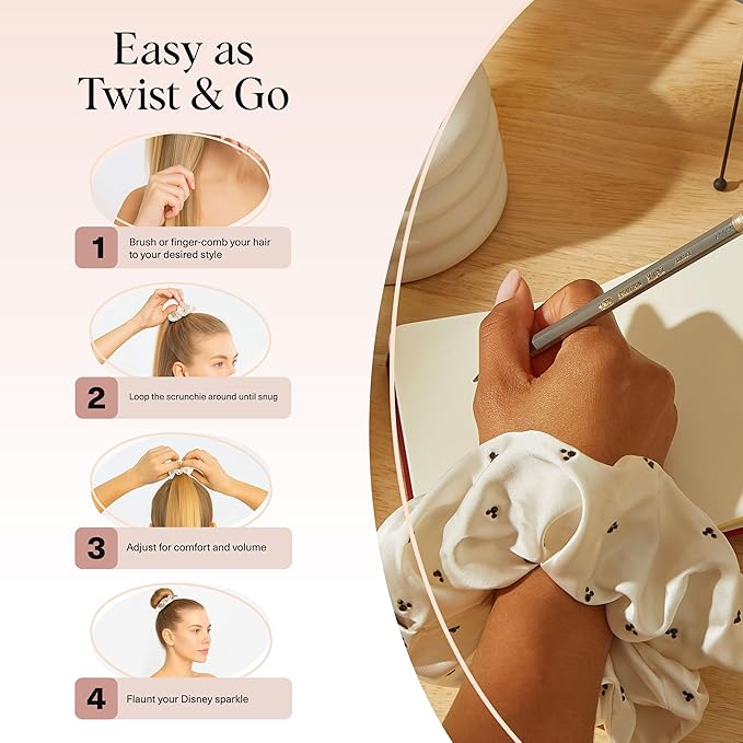 Kitsch & Mickey/Minnie Fabric Rhinestone Scrunchies for Girls and Women, Hair Scrunchies for All Hair Types, Perfect for Updo | Ideal Gifts for Women (Cream) - 1 Piece