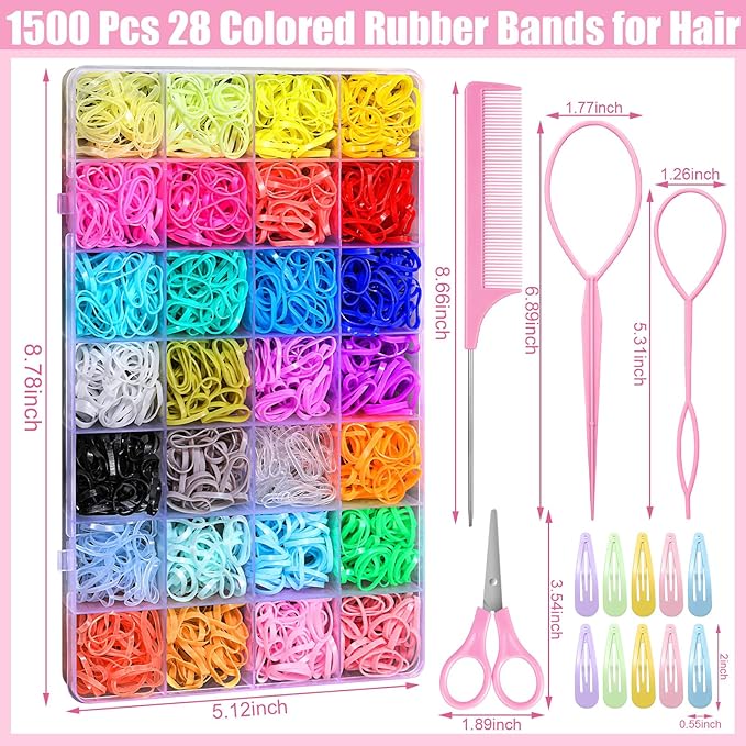 28 Colors Rubber Bands for Hair, 1500 Pcs Elastic Hair Bands Baby Girl Hair Ties Mini Hair Rubber Bands with 4 Hair Styling Tools 10 Hair Clips Hair Accessories for Toddler Baby Girl Kids