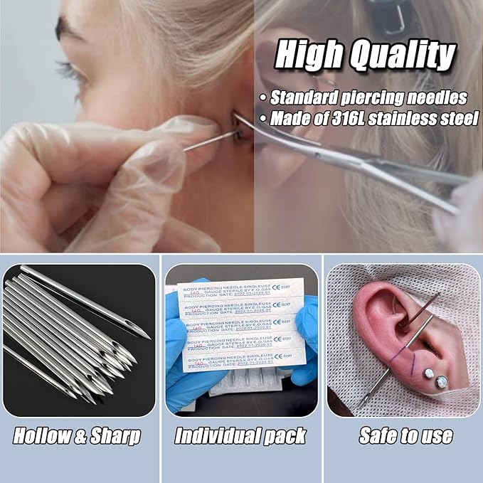 20G 100pcs Professional Piercing Needles - 316L Stainless Steel Jewelry Needles Hollow Design, Micro Tips for Ear & Septum Precision Piercing