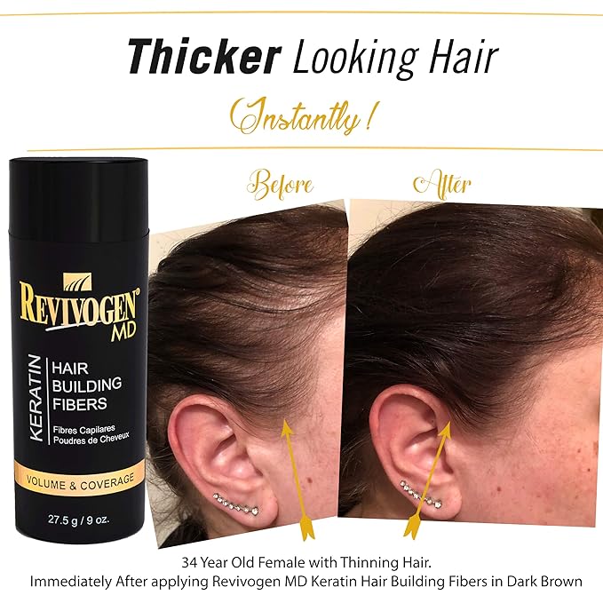 Revivogen MD Keratin Hair Building Fibers, Hairline Powder, Hair Fibers, Hair Fibers for Thinning Hair, Hair Fiber Spray, Thick Fiber for Hair Men and Women, Hair Filler, .9oz, Medium Brown