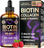 Liquid Biotin & Collagen 60,000 mcg - Vitamins for Hair Growth Support - Extra Strength Drops for Women & Men - Liquid Collagen Supplement - Strong Nails & Healthy Skin - Made in USA - 4 Fl Oz