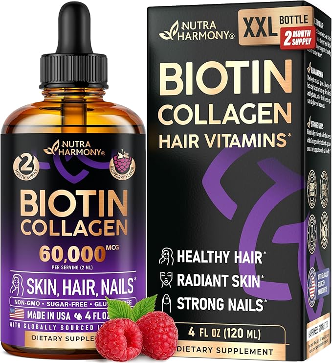 Liquid Biotin & Collagen 60,000 mcg - Vitamins for Hair Growth Support - Extra Strength Drops for Women & Men - Liquid Collagen Supplement - Strong Nails & Healthy Skin - Made in USA - 4 Fl Oz