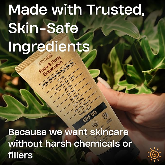 Sky and Sol Mineral Sunscreen SPF 50 | With Grass-Fed Tallow & Zinc Oxide | Non-Greasy Formula for Face & Body | Made Without Reef-Harming UV Filters | 3 oz (85 g)