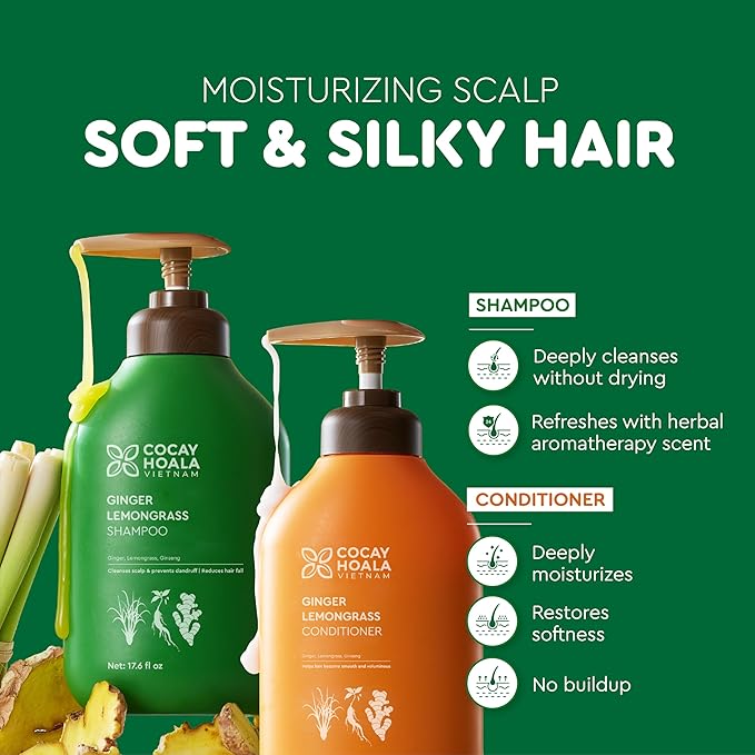 Vietnam's Touch | COCAY HOALA Ginger Lemongrass Shampoo and Conditioner Set for Hair Growth – Moisturizing & Soft Hair, Deep Cleansing for Oily Roots – Paraben Free (17.64 oz, 2 Pack)