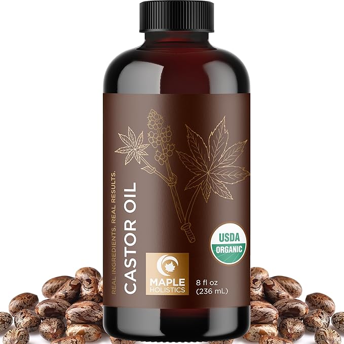 Organic Castor Oil Glass Bottle - 100% Pure Castor Oil Organic Cold Pressed Unrefined Glass Bottle - Extra Virgin Non GMO Hexane Free Cruelty Free Dermatologist Tested and USDA Certified (8 Fl Oz)