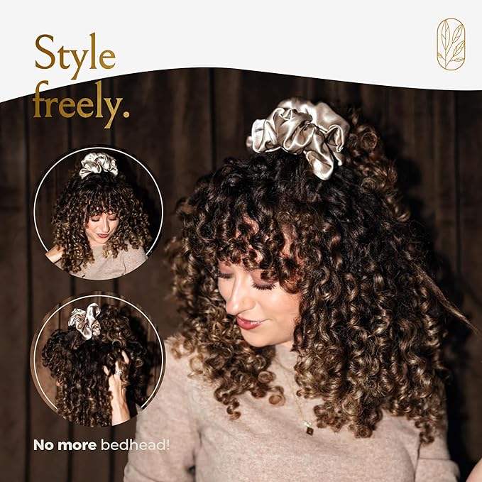 Silk Scrunchies for Women Ponytail Holders – Oversized Mulberry Silk Scrunchies – Extra Large No Damage Hair Ties for Curly, Thick, and Thin - Hair Accessories for Women – London Fog, XL By Curlfriend