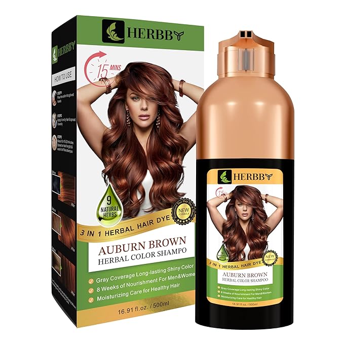 HERBBY Hair Color Shampoo for Gray Hair Coverage&Color Transform with 9 Herbal Extracts –Long Lasting(6-8 Weeks),Shiny,Evenly Colored,Instant Hair Dye Shampoo&Conditioner,500 Ml (AUBURN BROWN COLOR)