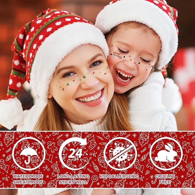 8Pcs Christmas Face Makeup Patches, Glitter Freckles Face Tattoo for Teenagers & Young Women, Sparkle Freckles Waterproof Face Glitter Freckles for Christmas (8PcsI)