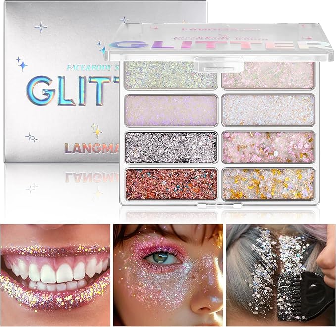 LANGMANNI 8 Colors Face & Body Glitter Palette - Holographic Changing Sparkling Mermaid Sequins for Women Girls Music Festival Party Rave Makeup(#A)