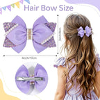 4" Sparkly Glitter Sequin Ribbon Hair Bow Clips,Pearl Wedding Boutique Alligator Barrettes Pins for Teens Toddler,Cheerleader Girls Kids Birthday Party Dress Decor Accessory (Light Purple)