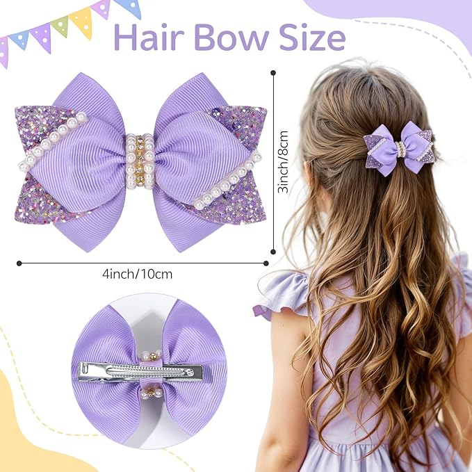 4" Sparkly Glitter Sequin Ribbon Hair Bow Clips,Pearl Wedding Boutique Alligator Barrettes Pins for Teens Toddler,Cheerleader Girls Kids Birthday Party Dress Decor Accessory (Light Purple)
