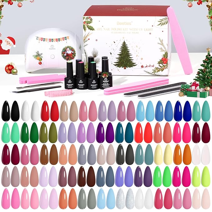 Beetles 80 Pcs Christmas Gel Nail Polish Kit with U V Light - 55 Color Gel Nail Kit Gifts for Teens Women Girls Soak Off Color Enchantment Winter Red Nails Art Home DIY Salon Beginners Manicure Set