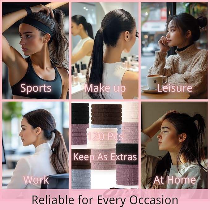 LuSeren 120PCS Soft Hair Ties for Women – No Damage Ouchless Nylon Hair Accessories, Seamless Fabric Ponytail Holders for Daily Use (Natural Colors)