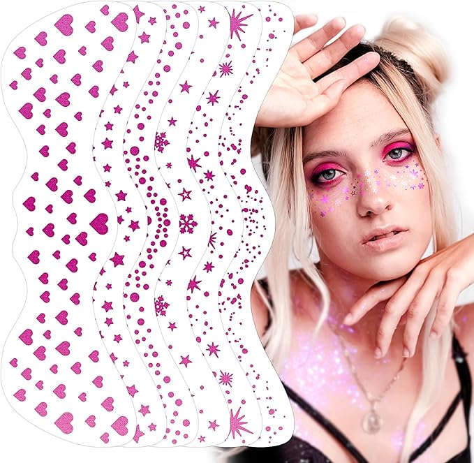 Face Glitter Makeup Patches, Face Glitter Freckles Face Tattoo, Sparkle Freckles Temporary Tattoo, Hot Pink Face Speckles Patches, Sweatproof Waterproof Fake Freckles for Women 6 Sheets
