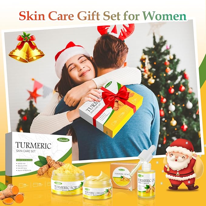 Turmeric Skin Care Set Christmas Gifts for Teens, Skincare Gift Set with Turmeric Soap, Oil, Cream & Scrub to Even Glow Tone, Hydrating Travel Skincare Set Natural Facial Kit for Women & Teen Girls