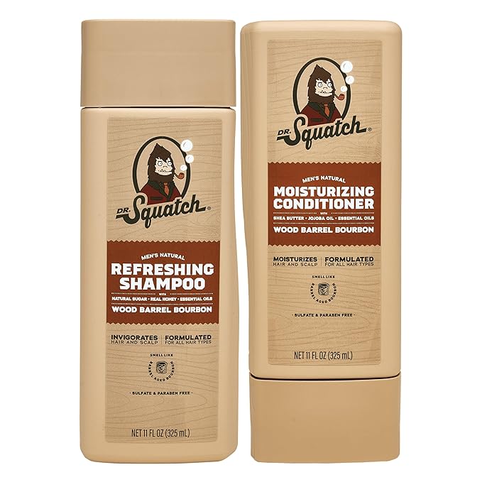 Dr. Squatch Natural Hair Bundle for Men - Healthy, Full Looking Hair - Wood Barrel Bourbon Shampoo (11 fl oz), Wood Barrel Bourbon Conditioner (11 fl oz)