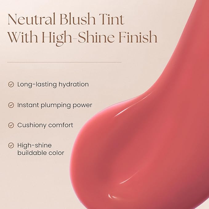 Prakti KhushiKiss Nourishing Lip Oil in Blushing Lotus, Hydrates & Plumps Lips, High-Shine Finish, with Hyaluronic Acid & Peptides, 0.17 oz