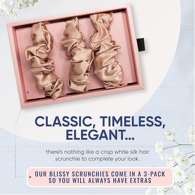 Blissy Silk Scrunchies (3 Pack) - 100% Pure Mulberry Silk - 22 Momme 6A High-Grade Fibers Scrunchie for Straight & Curly Hair - Preventing Breakage, Tangling, & Creasing (Rose Skinny)