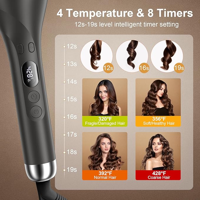 Hair Curling Irons,Automatic Portable Rotating Curling Iron with LCD Display,4Temperature Settings,Timers(12-19s),Auto Shut-Off,Anti-Scald,Anti-Tangle,Lightweight,Fast Heating&Easy Use for Travel