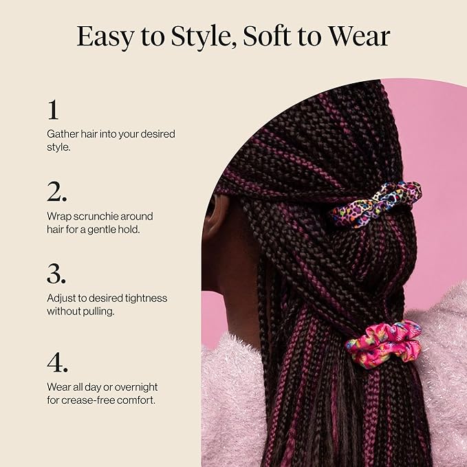 Lisa Frank x Kitsch Ruched Satin Scrunchies for Women - Softer Than Silk Scrunchies | Hair Ties No Damage for Frizz-Free Sleep | Ideal Gifts for Women - Rainbow Leopard 4 pcs