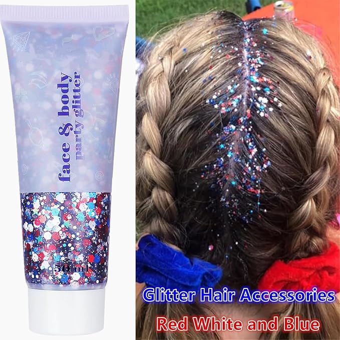 Go Ho Red White and Blue Body Glitter,Patriotic Pride Face Glitter Gel,4th of July Outfits for Women Reflective Glitters Makeup,Holographic Long Lasting Chunky Sequins,Fourth of July USA Accessories