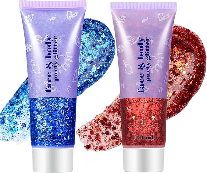 Go Ho Red and Blue Body Glitter Set,Singer Concerts Face Glitter Gel Makeup,Holographic Long Lasting Chunky Sequins Glitters for Eye Lip Hair Nails,Festival Rave Accessories,Blue&Red