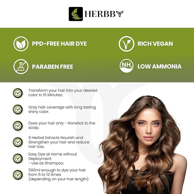 HERBBY Gray Hair Coverage Shampoo & Conditioner - Color Transform with 9 Herbal Extracts, Long-Lasting (6-8 Weeks), Shiny, Even Coloring, Instant Hair Dye, 500 ml (CHESTNUT BROWN)