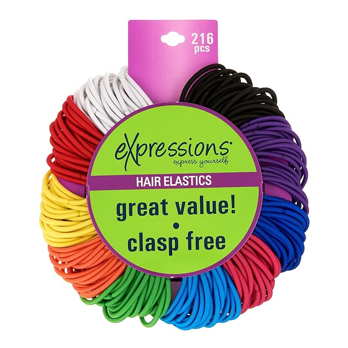 Expressions 216-Piece Hair Ties, 4mm Bright Colors Value Pack, No Metal Ponytail Holders For Thick, Curly, and All Hair Types