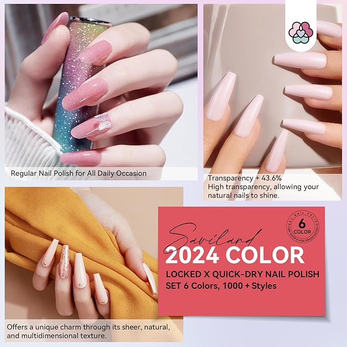 SAVILAND Quick Dry Nail Polish: 6Pcs Hot Sheer Color Fingernail Polish Set Neutral Solid Color Pink Nudes Glitter Nail Polish Kit Castor Oil Non Gel Nail Lacquer Finger Toe Nail Art Home DIY Gift Set