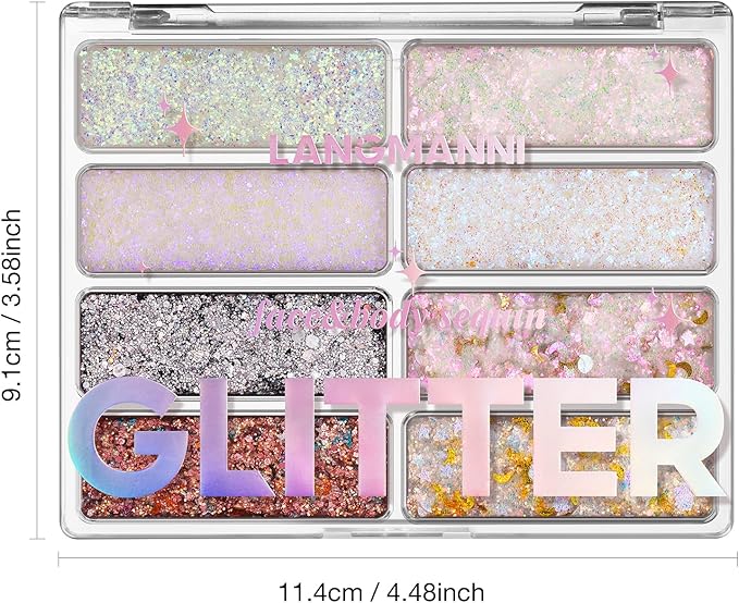 LANGMANNI 8 Colors Face & Body Glitter Palette - Holographic Changing Sparkling Mermaid Sequins for Women Girls Music Festival Party Rave Makeup(#A)