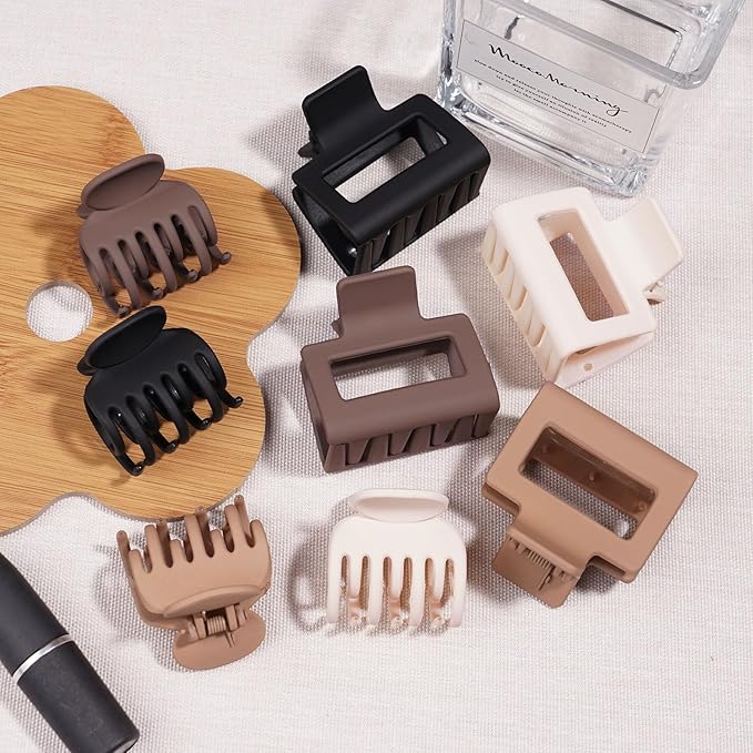 8 Pcs Medium Hair Clips for Women Girls - 2 Styles Rectangle and Double Row Teeth Small Claw Clips for Thin Fine Thick Hair, Matte Non-slip Strong Hold Jaw Clips Hair Accessories, Neutral