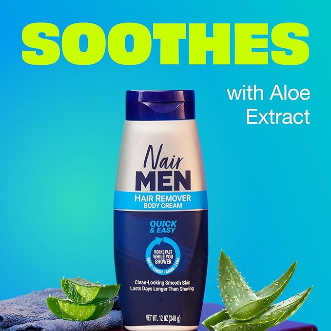 Nair Men Hair Remover Body Cream, Quick and Easy Body Hair Removal Cream for Men, Aloe and Lanolin, Dermatologist Tested, 12 Oz