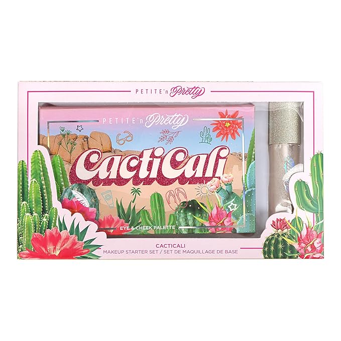 Petite N Pretty Beginner CactiCali Makeup Set for Kids, Teens, & Tweens - Natural Eyeshadow and Cheek Makeup Palette & 10k Shine Lip Gloss (Diamond Heist)