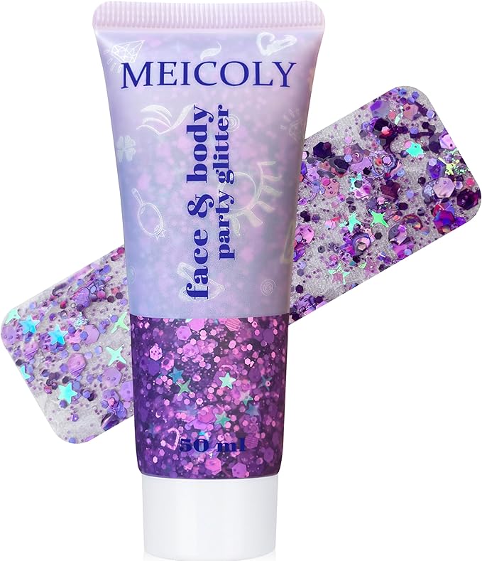 MEICOLY Purple Hair Glitter Kids Makeup,Halloween Sparkly Face Glitter,Mermaid Sequins Face Body Glitter,Chunky Glitter for Festival Rave Accessories Costume Outfits for Women,50ml