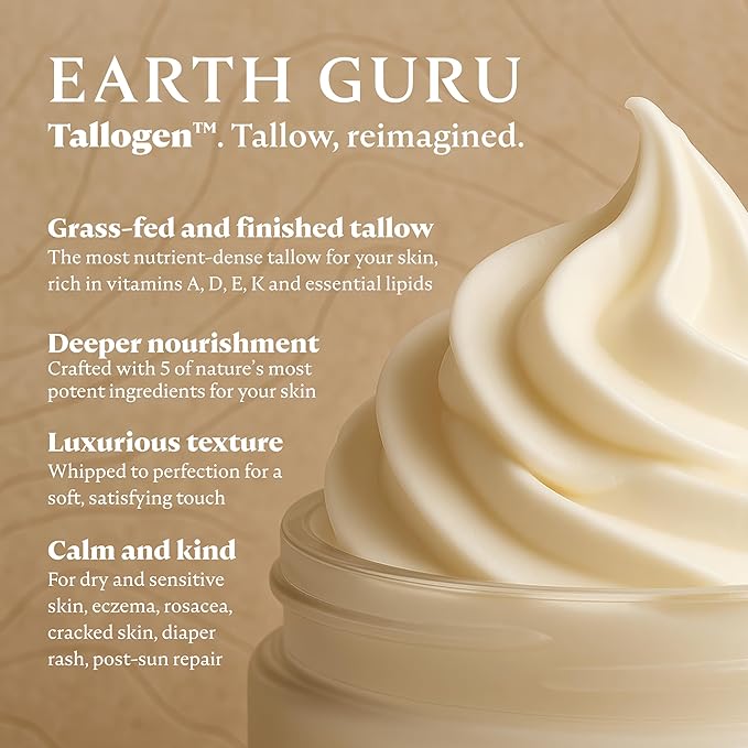Earth Guru Whipped Beef Tallow for Skin 2oz, 100% Natural Beef Tallow and Honey Balm, Face Moisturizer & Body Lotion Cream, Grass-Fed & Finished, Sebo De Res Para La Cara, Organic Olive Oil, Manuka