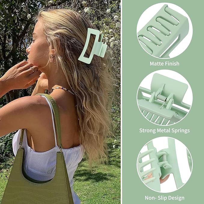 3.5 Inch Medium Hair Claw Clips 6 Pack Hair Clips for Women Square Rectangle Claw for Hair Banana Jaw Clips Hair Accessories for Girls (Green)