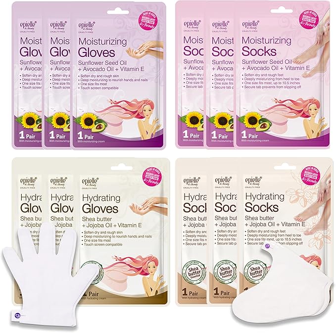Epielle Hydrating & Moisturizing Hand & Foot Masks, Relieve and Soften Dry, Rough Skin, Self Care Gifts for Women, Spa Kit, Stocking Stuffers, 6 Moisturizing Gloves & 6 Moisturizing Socks