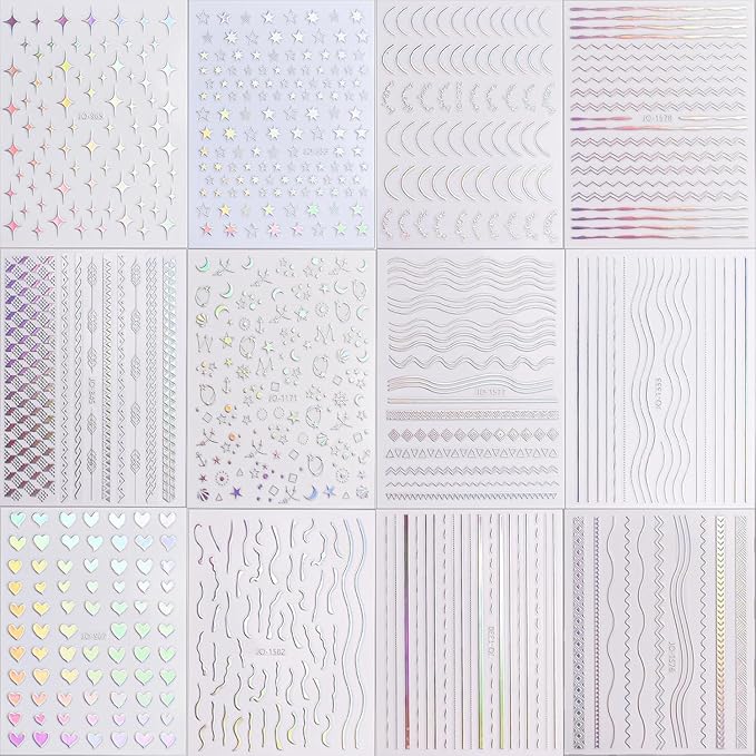 12 Sheets Aurora Nail Stickers Moon Star Nail Art Stickers Aurora Nail Decals Glitter 3D Self Adhesive Holographic Nail Design Heart Nail Art Supplies DIY Manicure Decorations for Women